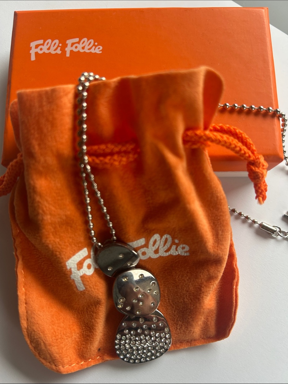 Folli Follie Silver Tone Crystal Pendant Necklace — Orange Pouch